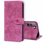 For Samsung Galaxy S22 5G Cartoon Sakura Cat Embossed Leather Phone Case(Rose Red)