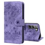 For Samsung Galaxy S22+ 5G Cartoon Sakura Cat Embossed Leather Phone Case(Purple)