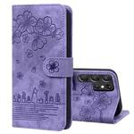 For Samsung Galaxy S22 Ultra 5G Cartoon Sakura Cat Embossed Leather Phone Case(Purple)