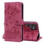 For Samsung Galaxy S22 Ultra 5G Cartoon Sakura Cat Embossed Leather Phone Case(Wine Red)