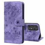 For Samsung Galaxy A32 5G Cartoon Sakura Cat Embossed Leather Phone Case(Purple)