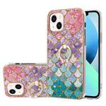 For iPhone 14 Electroplating Pattern IMD TPU Shockproof Case with Rhinestone Ring Holder (Colorful Scales)