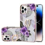 For iPhone 14 Pro Electroplating Pattern IMD TPU Shockproof Case with Rhinestone Ring Holder(Purple Flower)