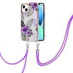 For iPhone 14 Electroplating Pattern IMD TPU Shockproof Case with Neck Lanyard (Purple Flower)