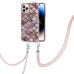 For iPhone 14 Pro Electroplating Pattern IMD TPU Shockproof Case with Neck Lanyard(Pink Scales)