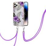 For iPhone 14 Pro Electroplating Pattern IMD TPU Shockproof Case with Neck Lanyard(Purple Flower)