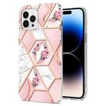 For iPhone 14 Pro Electroplating Splicing Marble Flower Pattern TPU Shockproof Case(Pink Flower)