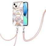 For iPhone 14 Electroplating Splicing Marble Flower Pattern TPU Shockproof Case with Lanyard (Imperial Crown)