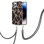 For iPhone 14 Pro Electroplating Splicing Marble Flower Pattern TPU Shockproof Case with Lanyard(Black Flower)
