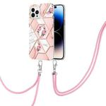 For iPhone 14 Pro Max Electroplating Splicing Marble Flower Pattern TPU Shockproof Case with Lanyard (Pink Flower)