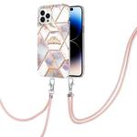 For iPhone 14 Pro Max Electroplating Splicing Marble Flower Pattern TPU Shockproof Case with Lanyard (Imperial Crown)