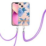 For iPhone 14 Flowers and Plants Series IMD TPU Phone Case with Lanyard (Blue Peony)