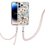 For iPhone 14 Pro Flowers and Plants Series IMD TPU Phone Case with Lanyard(Purple Peony)