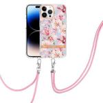 For iPhone 14 Pro Max Flowers and Plants Series IMD TPU Phone Case with Lanyard (Pink Gardenia)