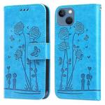 For iPhone 14 Embossing Rose Couple Leather Phone Case (Blue)