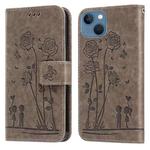For iPhone 14 Embossing Rose Couple Leather Phone Case (Grey)