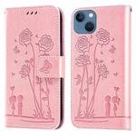 For iPhone 14 Embossing Rose Couple Leather Phone Case (Pink)