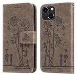For iPhone 14 Plus Embossing Rose Couple Leather Phone Case (Grey)