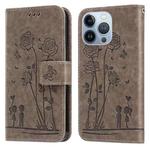 For iPhone 14 Pro Max Embossing Rose Couple Leather Phone Case (Grey)