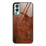 For OnePlus Nord 2 5G Wood Grain Glass Protective Case(Dark Brown)