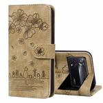 For Xiaomi Poco M4 Pro 5G Global Cartoon Sakura Cat Embossed Leather Phone Case(Brown)