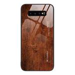 For Samsung Galaxy S10+ Wood Grain Glass Protective Phone Case(Dark Brown)