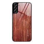 For Samsung Galaxy S22+ 5G Wood Grain Glass Protective Phone Case(Coffee)