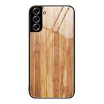 For Samsung Galaxy S22+ 5G Wood Grain Glass Protective Phone Case(Yellow)