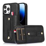 For iPhone 14 Pro Max Wristband Kickstand Wallet Leather Phone Case (Black)