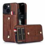 For iPhone 14 Plus Wristband Kickstand Wallet Leather Phone Case (Brown)