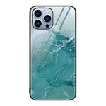 For iPhone 14 Pro Max Marble Pattern Glass Protective Phone Case (Green Ocean)