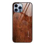 For iPhone 14 Pro Wood Grain Glass Protective Case(Dark Brown)