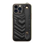 For iPhone 13 Pro D03 Heart PU Electroplated Phone Case with Wrist Strap (Black)