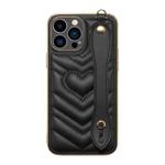 For iPhone 13 Pro Max D03 Heart PU Electroplated Phone Case with Wrist Strap (Black)
