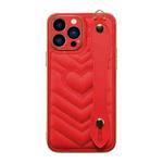 For iPhone 13 Pro Max D03 Heart PU Electroplated Phone Case with Wrist Strap (Red)