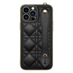 D03 Grid PU Electroplated Phone Case with Wrist Strap For iPhone 13(Black)