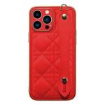 D03 Grid PU Electroplated Phone Case with Wrist Strap For iPhone 13(Red)