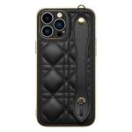D03 Grid PU Electroplated Phone Case with Wrist Strap For iPhone 13 Pro(Black)