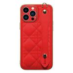D03 Grid PU Electroplated Phone Case with Wrist Strap For iPhone 13 Pro(Red)