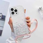 For iPhone 14 Pro Max Lanyard Glitter Epoxy Clear Phone Case (Pink)
