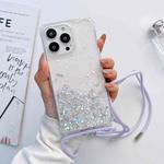 For iPhone 14 Pro Max Lanyard Glitter Epoxy Clear Phone Case (Purple)