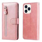 For iPhone 14 Pro Max Fashion Calf Texture Zipper Horizontal Flip Leather Phone Case (Rose Gold)