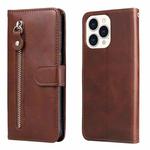 For iPhone 14 Pro Max Fashion Calf Texture Zipper Horizontal Flip Leather Phone Case (Brown)