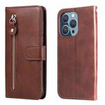 For iPhone 14 Pro Fashion Calf Texture Zipper Horizontal Flip Leather Phone Case(Brown)