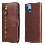 For iPhone 14 Plus Fashion Calf Texture Zipper Horizontal Flip Leather Phone Case (Brown)