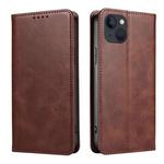 For iPhone 14 Plus Calf Texture Magnetic Flip Leather Phone Case (Brown)
