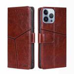 For iPhone 14 Pro Geometric Stitching Leather Phone Case(Dark Brown)