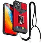 For iPhone 14 Plus Lanyard Slide Camshield Ring Card Phone Case (Red)