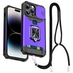 Lanyard Slide Camshield Ring Card Phone Case For iPhone 14 Pro(Purple)
