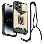 For iPhone 14 Pro Max Lanyard Slide Camshield Ring Card Phone Case (Gold)